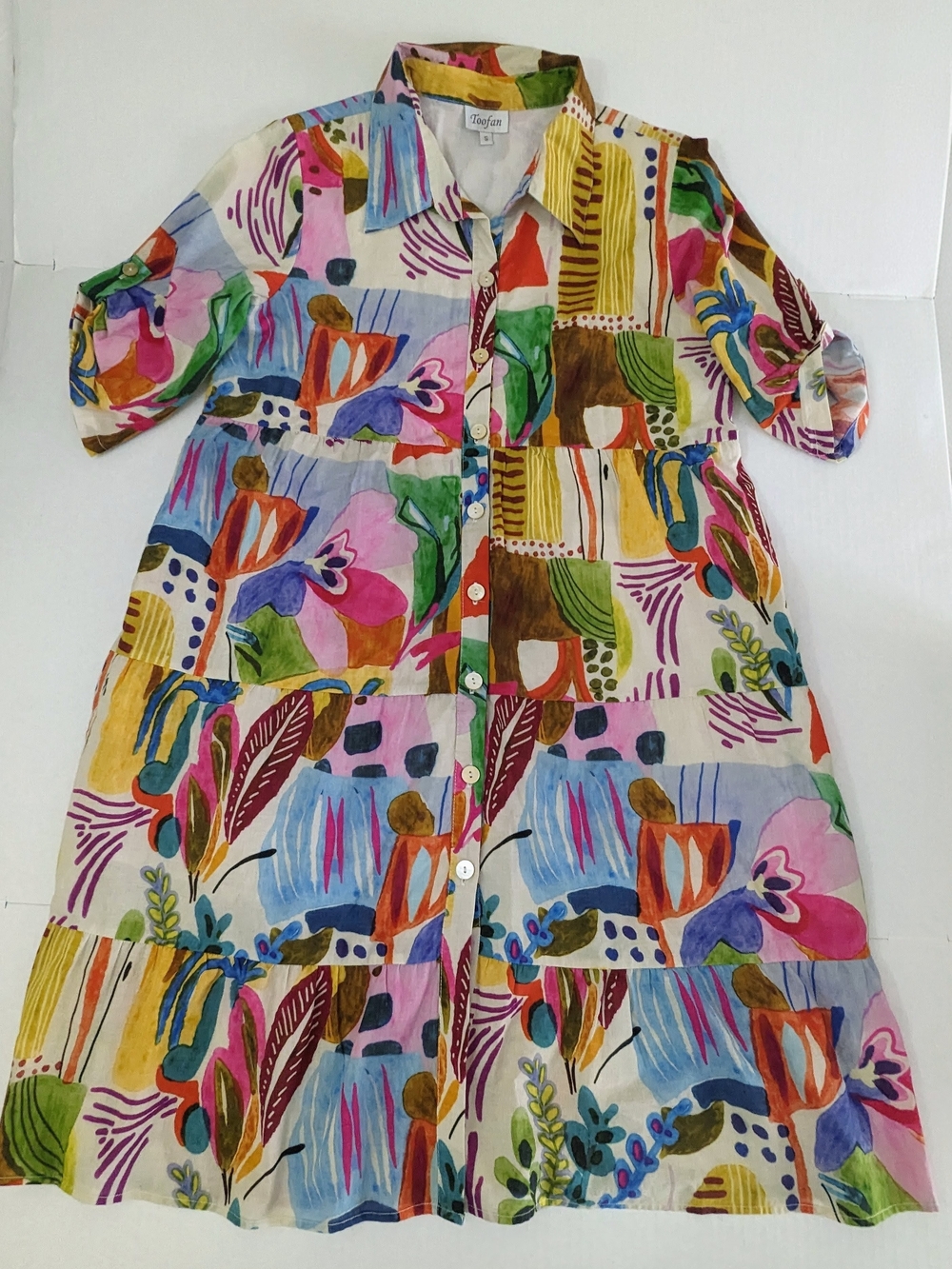 Toofan Colorful Abstract Patterned Button Up Midi Dress 3/4 Sleeve SIZE S NWOT